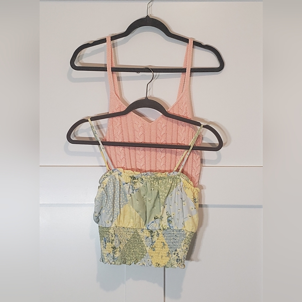 American Eagle Lot Of 2 Cropped Cami Tops Peach & Yellow Green Blue Size Small